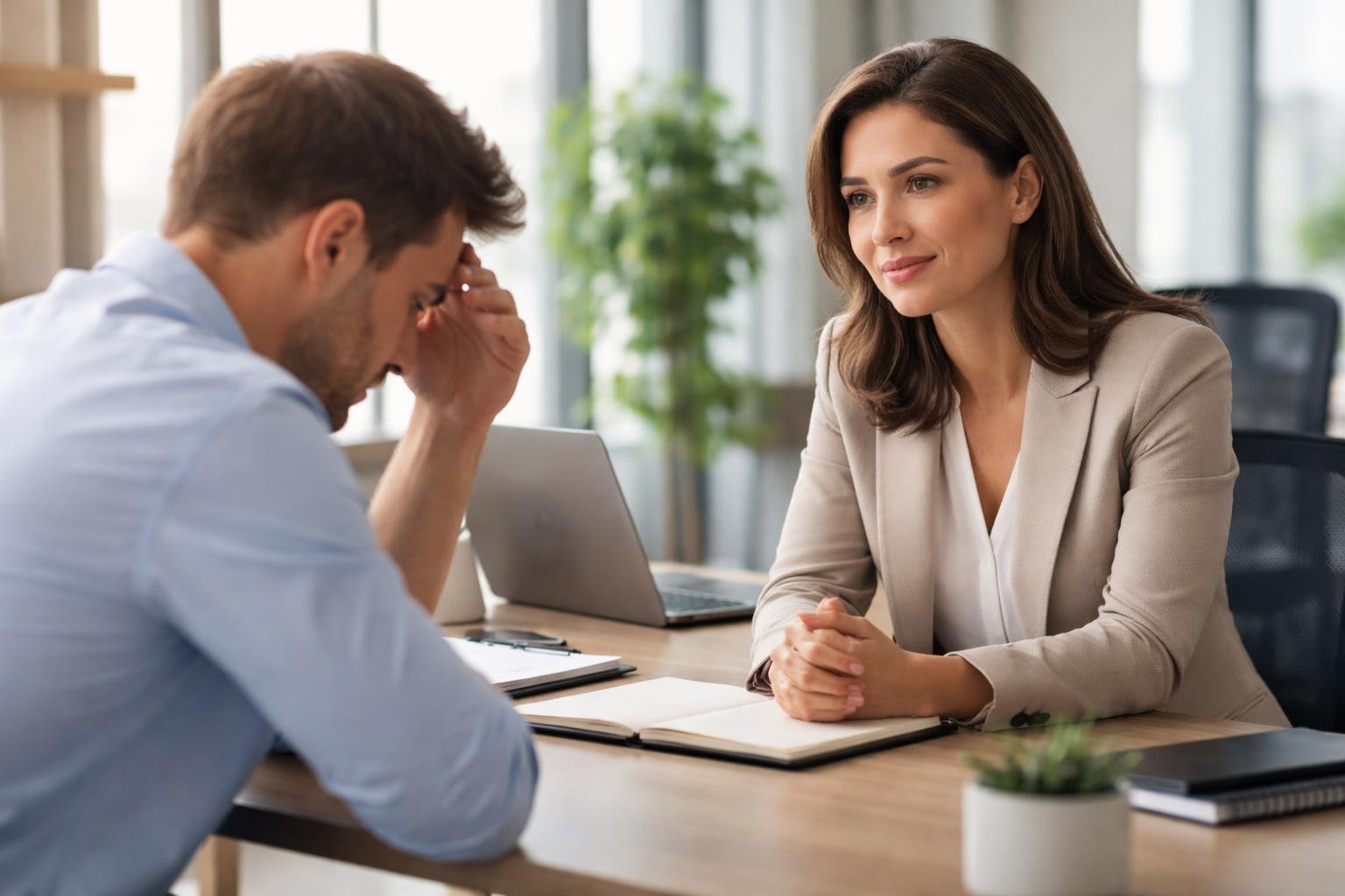 A manager calmly talking with a frustrated employee in an office, showing patience and understanding.