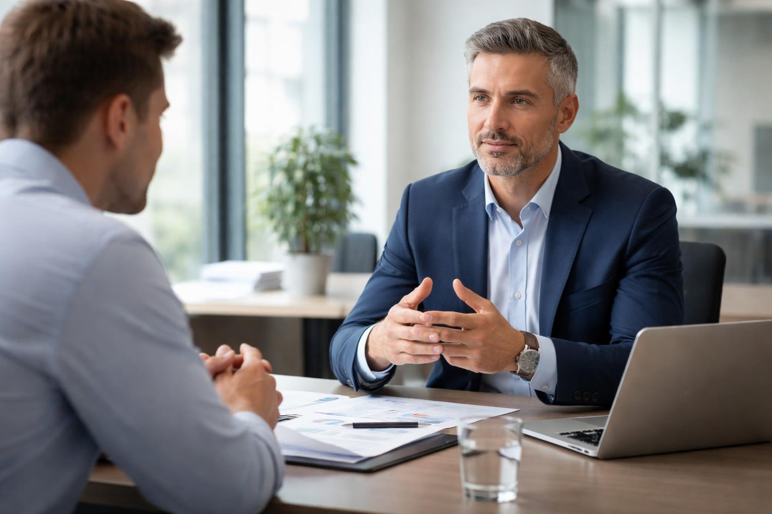 A business manager calmly talking with an employee in a modern office setting.