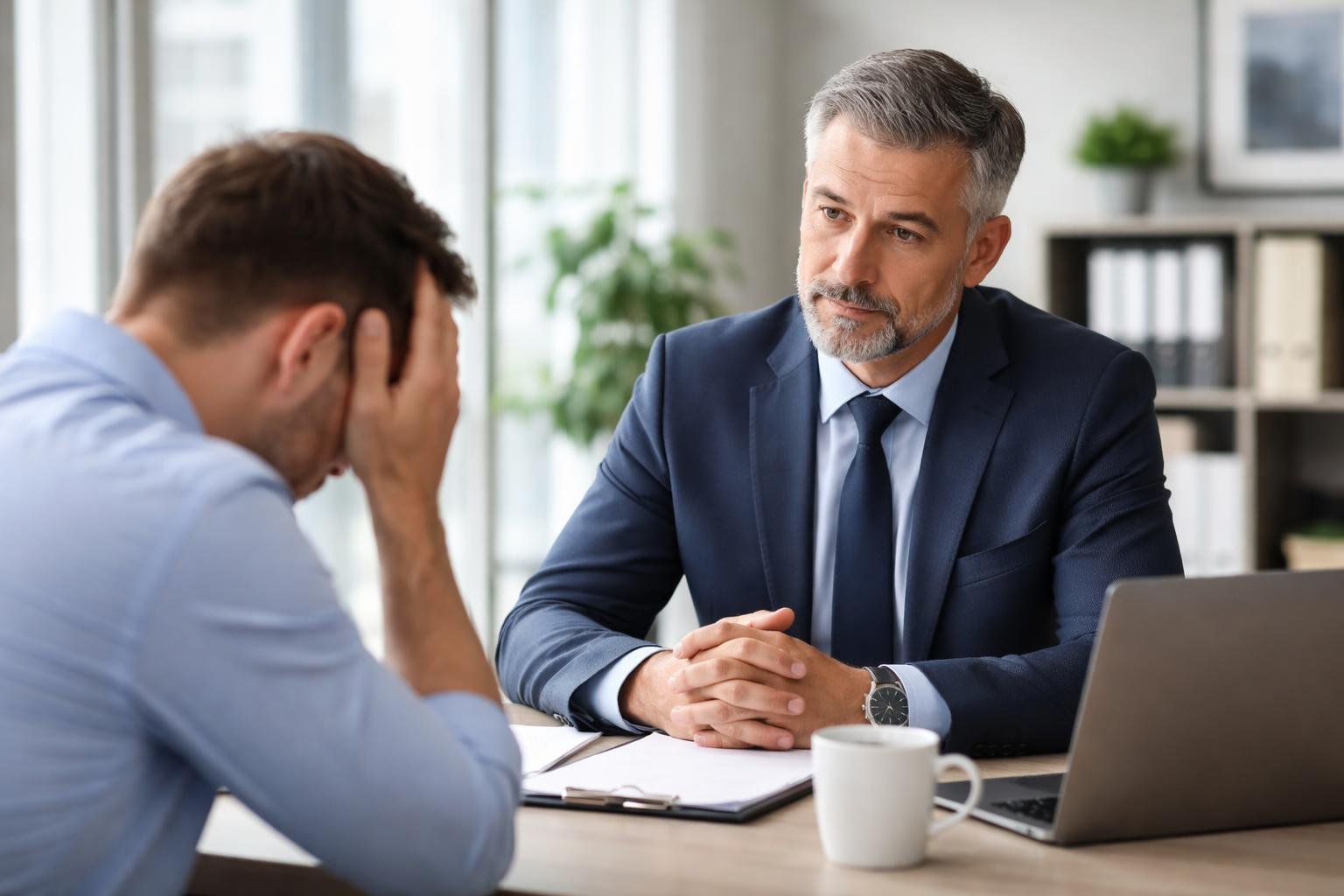 A manager calmly talking with a frustrated employee in an office, showing a respectful and composed interaction.