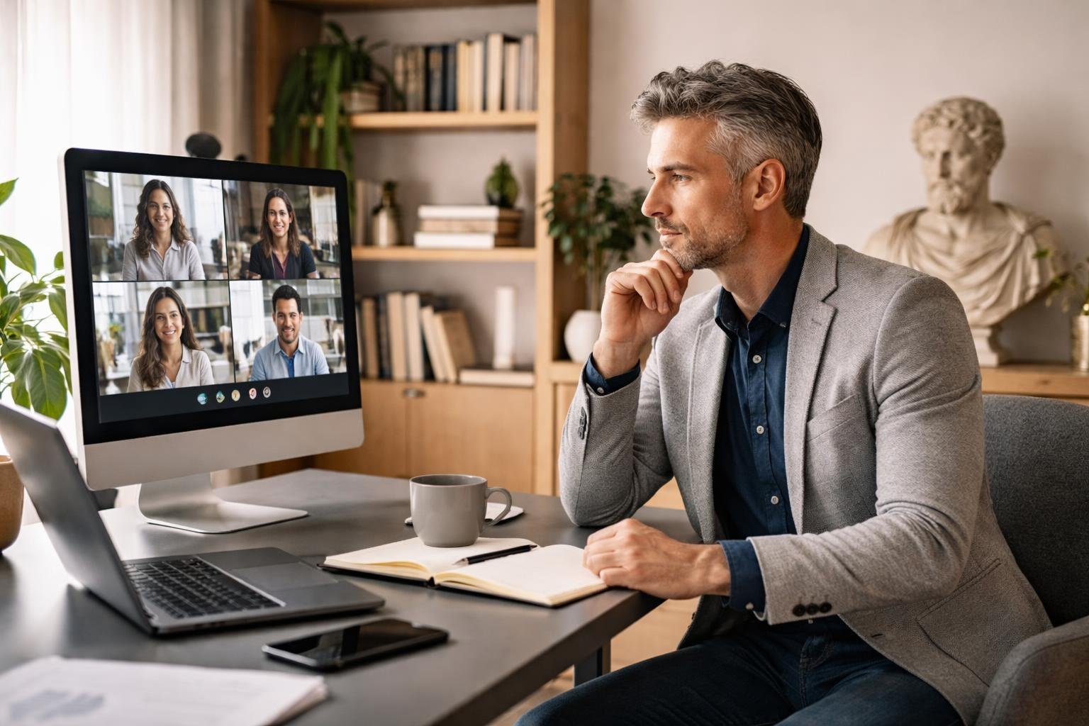 A business leader in a home office conducting a virtual meeting with remote team members on a computer screen.