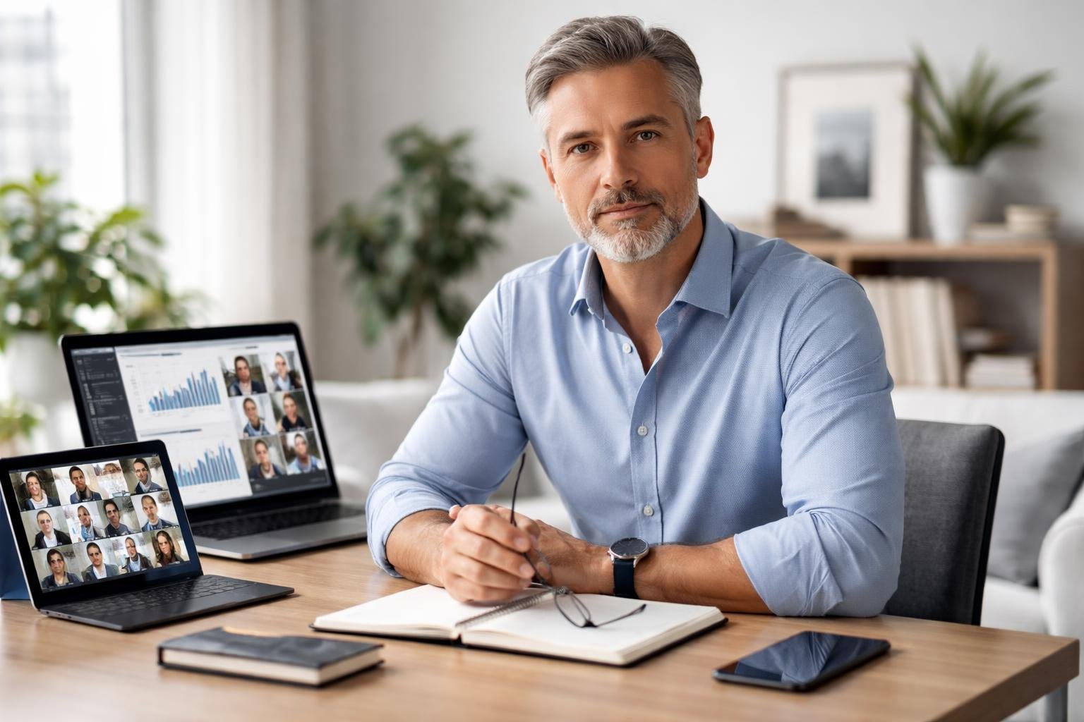 A business leader working at a desk with digital devices in a bright home office, appearing calm and focused while leading a remote team.
