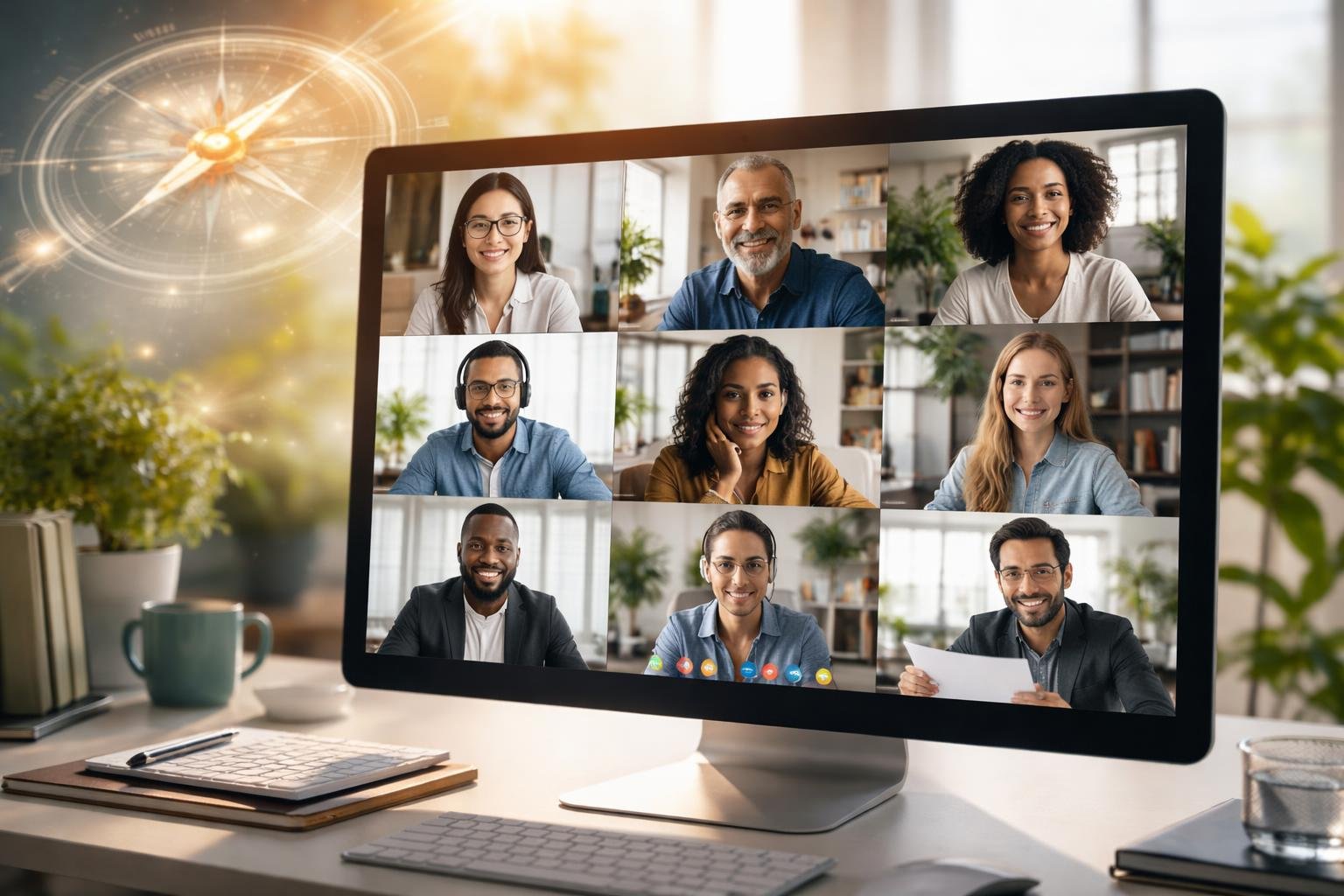 A diverse group of remote team leaders in a virtual meeting, each in their own home office, collaborating and focusing on their screens.