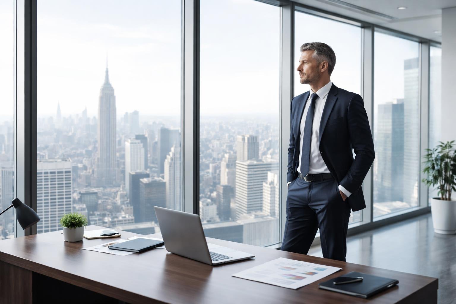 A confident CEO in a business suit stands alone in a modern office, looking thoughtfully out large windows at a city skyline.
