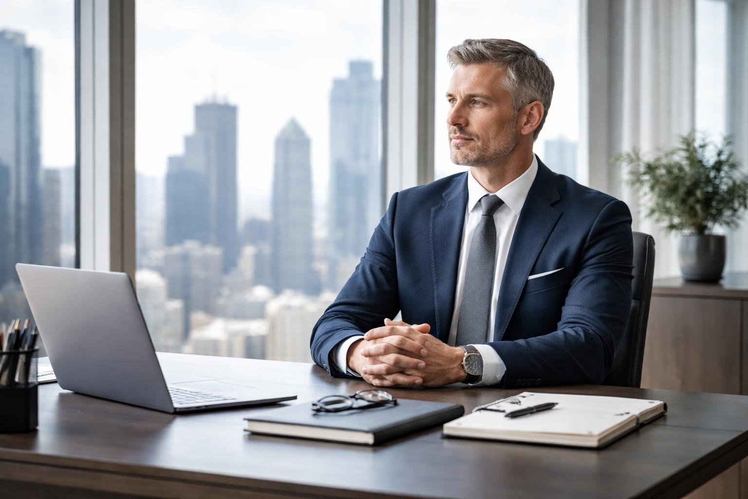 A confident CEO sitting at a desk in an office, looking thoughtfully out of a window with a city skyline in the background.