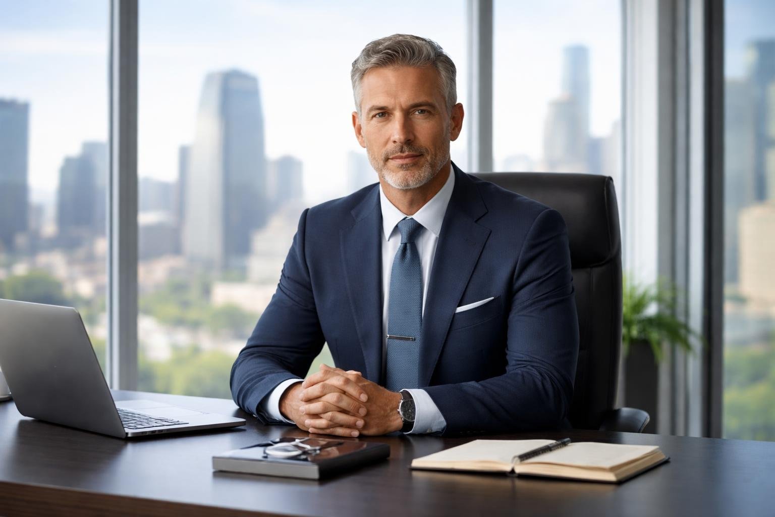 A calm CEO sitting at a desk in a modern office with a city skyline visible through large windows.
