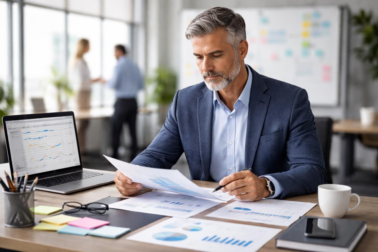 A middle-aged business manager calmly reviewing documents at a desk in a bright office with charts and a laptop, while colleagues collaborate in the background.