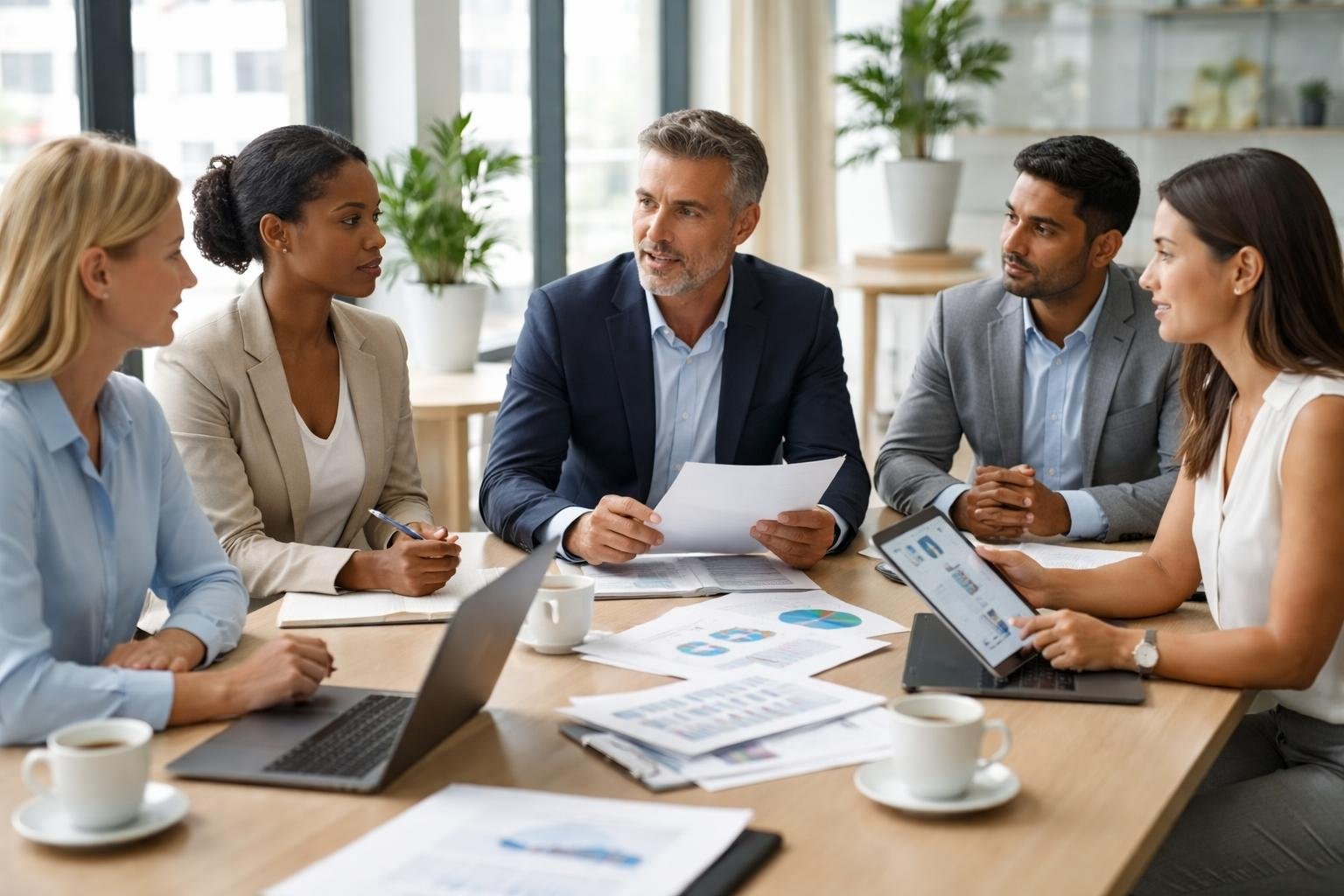 A group of middle managers having a focused discussion around a conference table in a bright modern office.