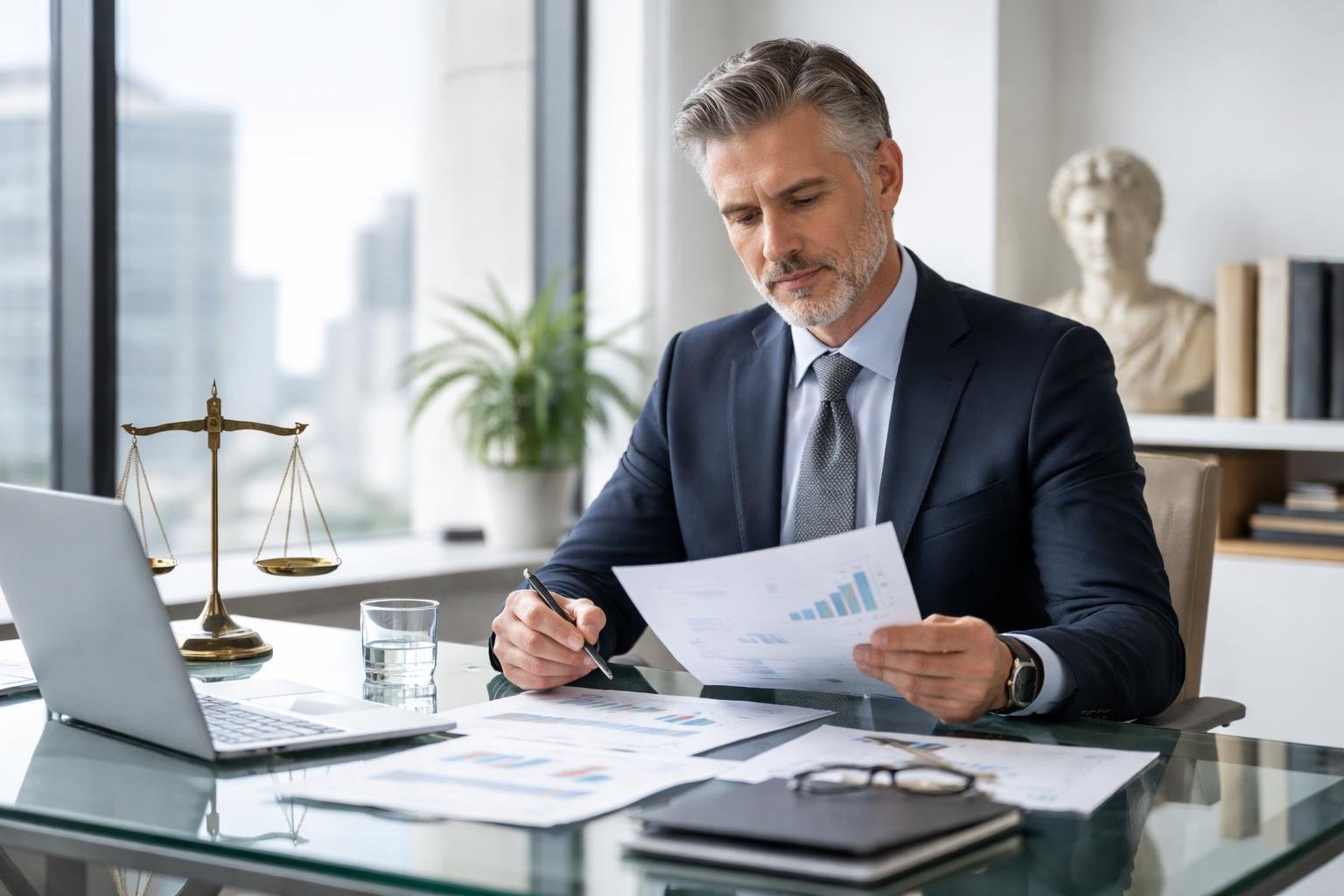 A middle-aged manager thoughtfully reviewing documents at a modern office desk with a city view in the background.