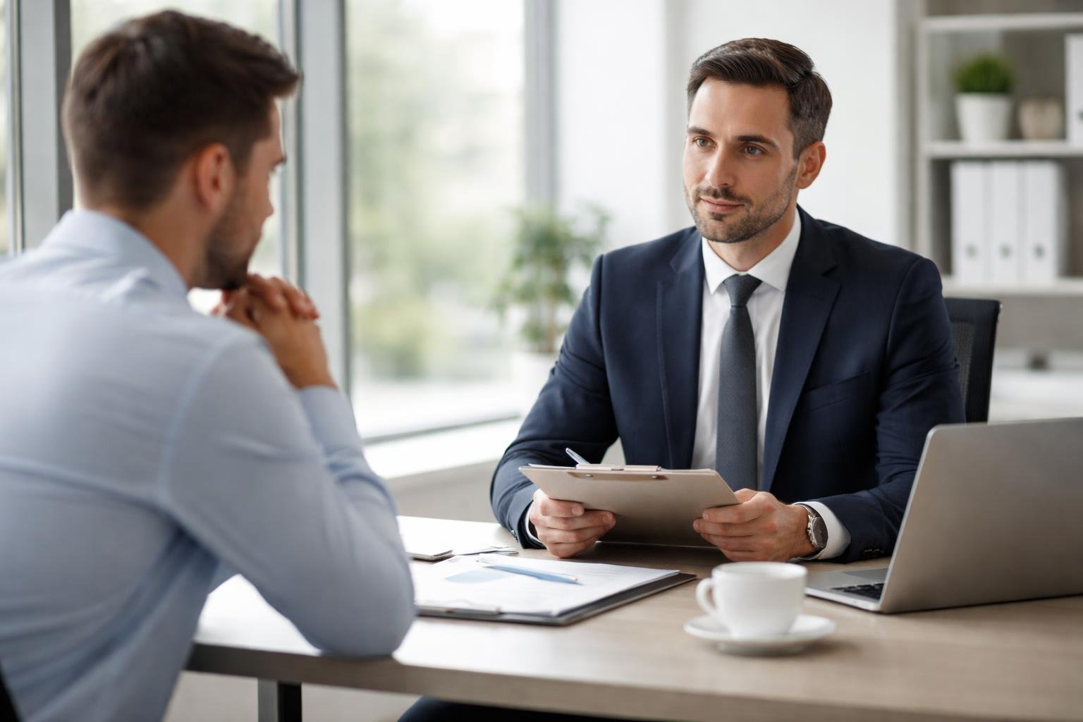 A manager and an employee sitting across a desk in an office, having a serious and calm conversation.