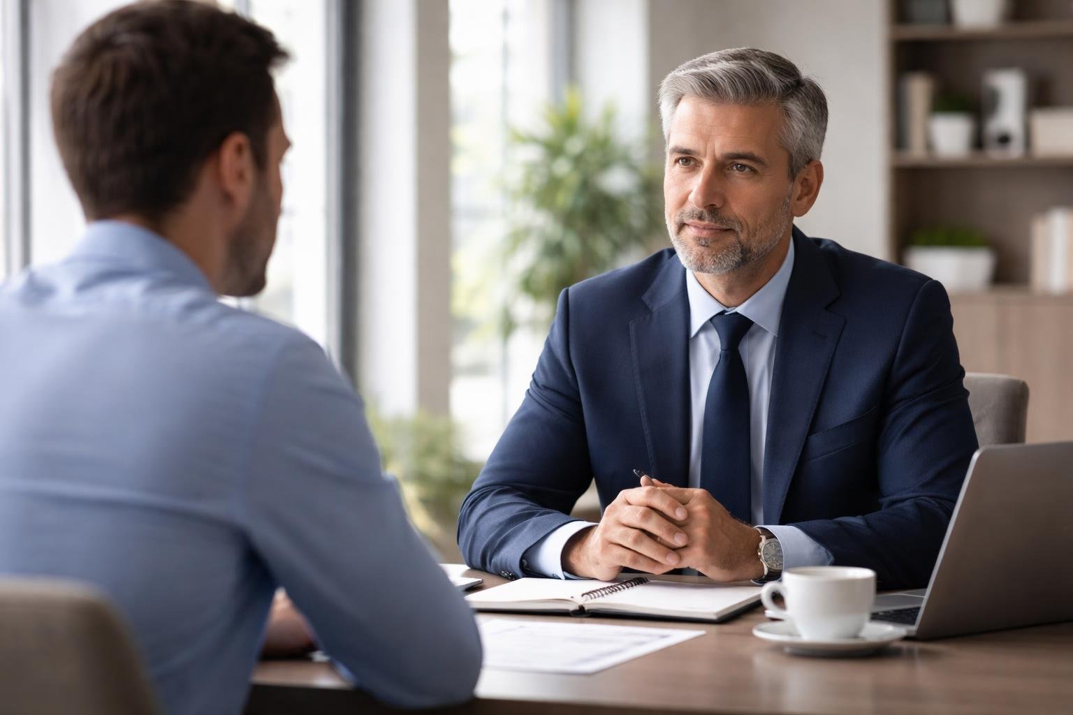 A manager calmly speaking with an employee across a desk in a modern office during a serious conversation.