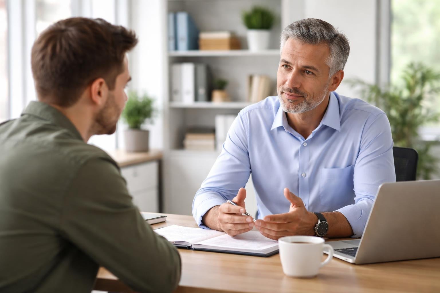 A manager calmly talking with an employee across a desk in a bright office, both showing attentive and thoughtful expressions.