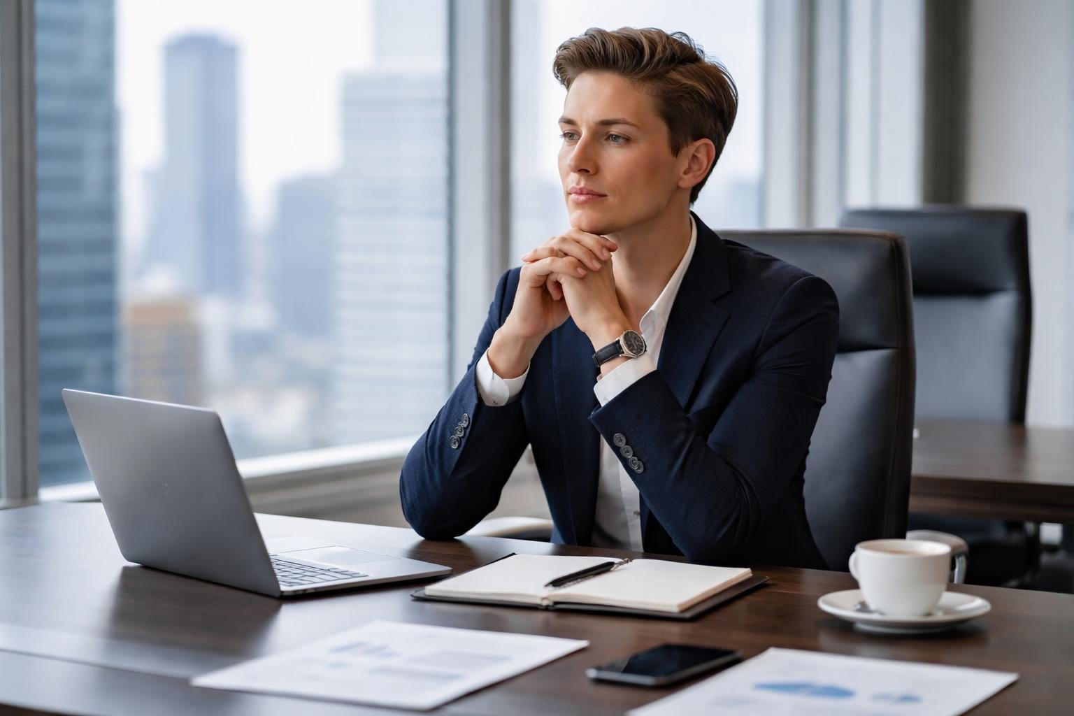 A businessperson sitting at a boardroom table with a laptop and notepad, looking thoughtful and focused as they prepare for a meeting.