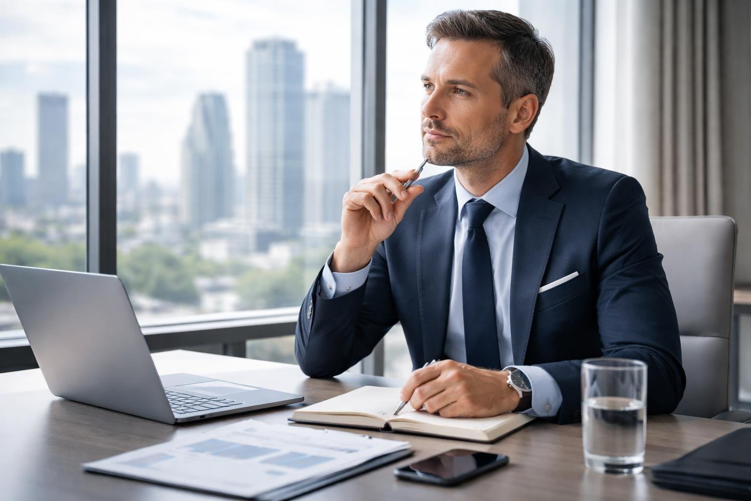A businessperson in formal attire sitting at a desk in an office, thoughtfully preparing for a meeting with a laptop and notebook.