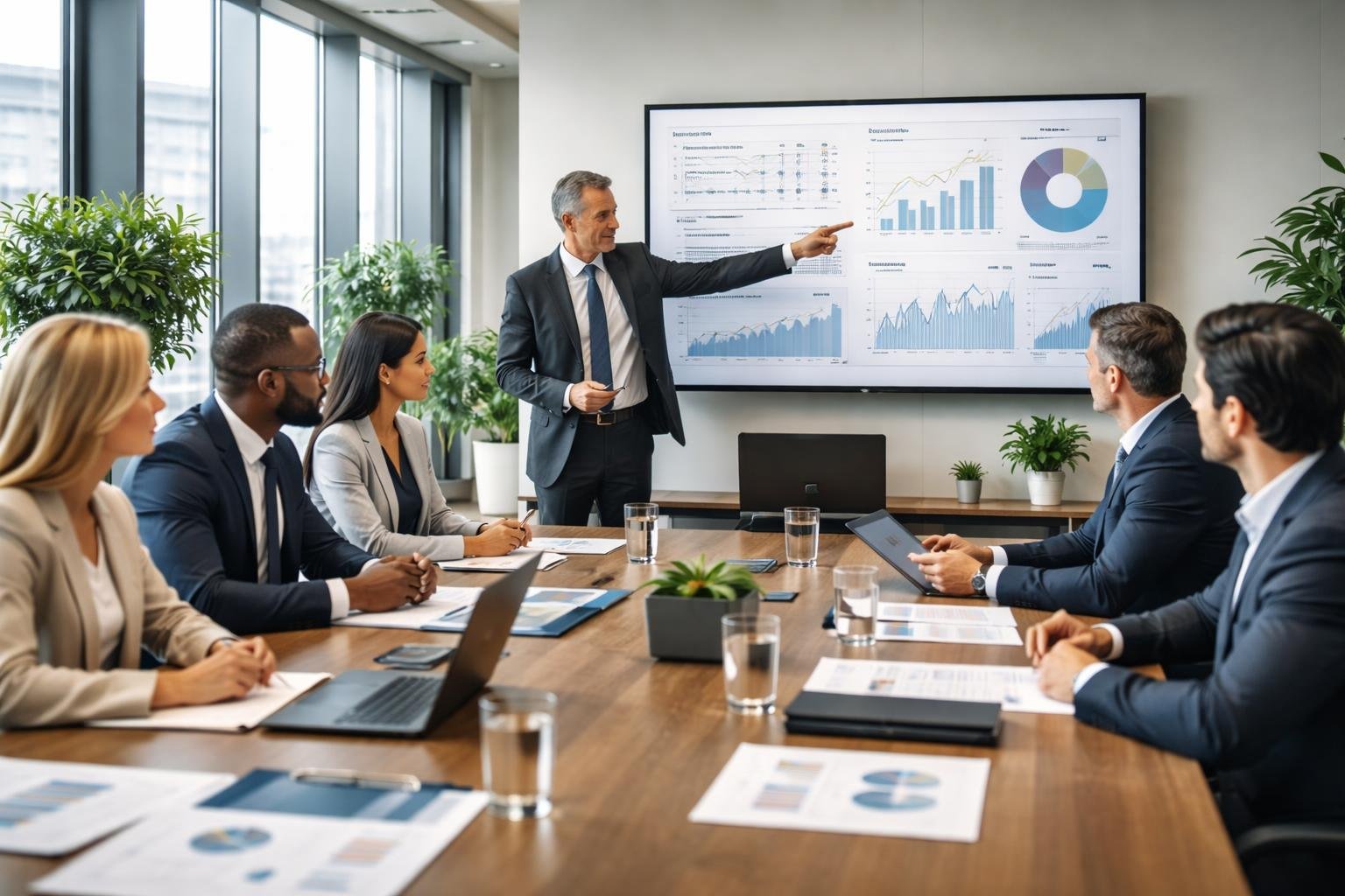 A group of business professionals in a boardroom discussing risk assessment and strategy around a conference table.